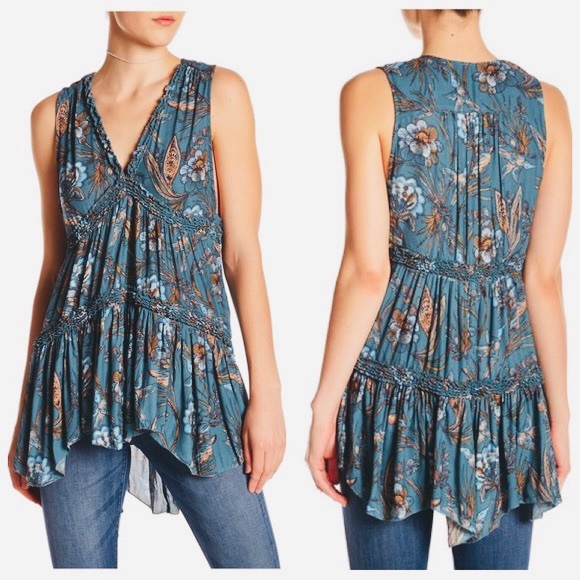 🌎Free People Floral Haze Hummingbird Turquoise Boho Tunic NWT~Small - Picture 8 of 13